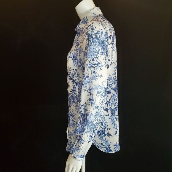 Zara Basic White & Blue Floral Sheer Button Down Shirt (XS) - Picture 3 of 5